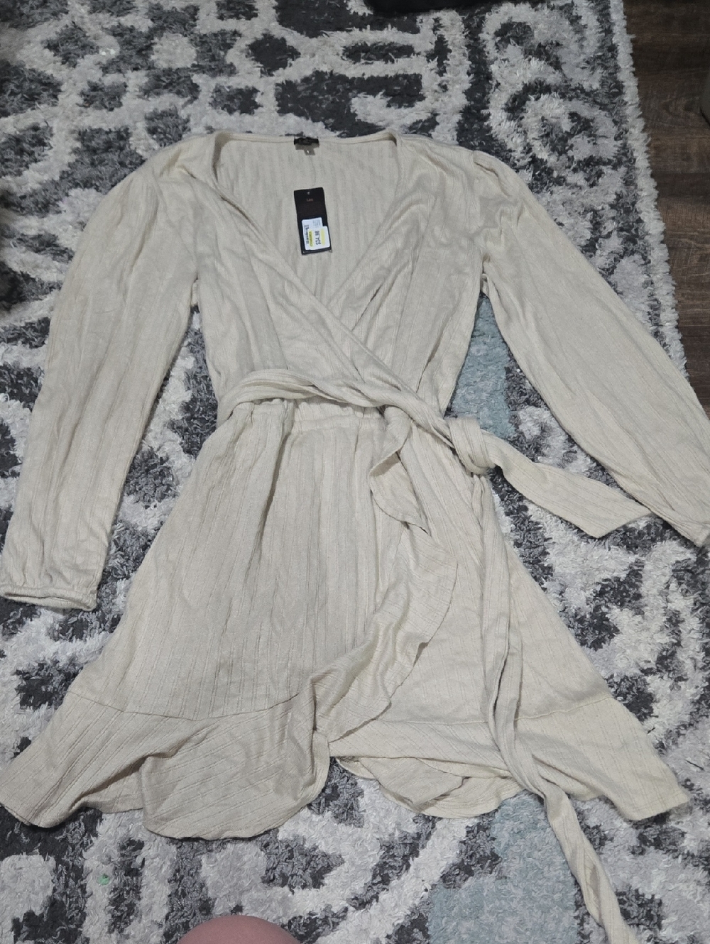 Lee Cream Long Sleeve Wrap Dress with Waist Tie